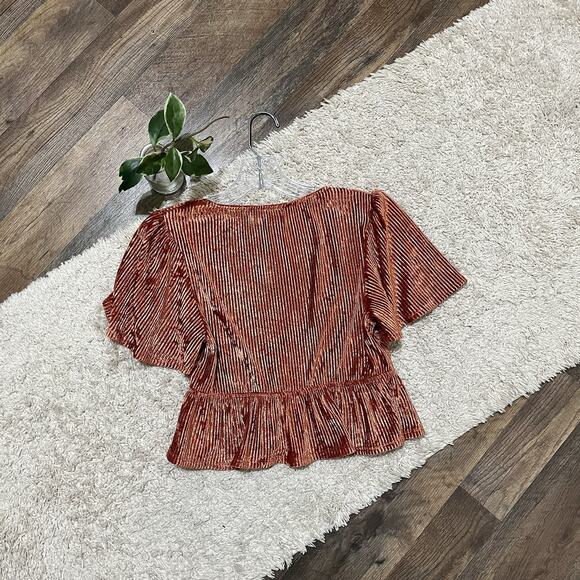 Urban Outfitters Size Small Orange Velvet Ribbed V Neck Cropped Peplum Top - Picture 7 of 7